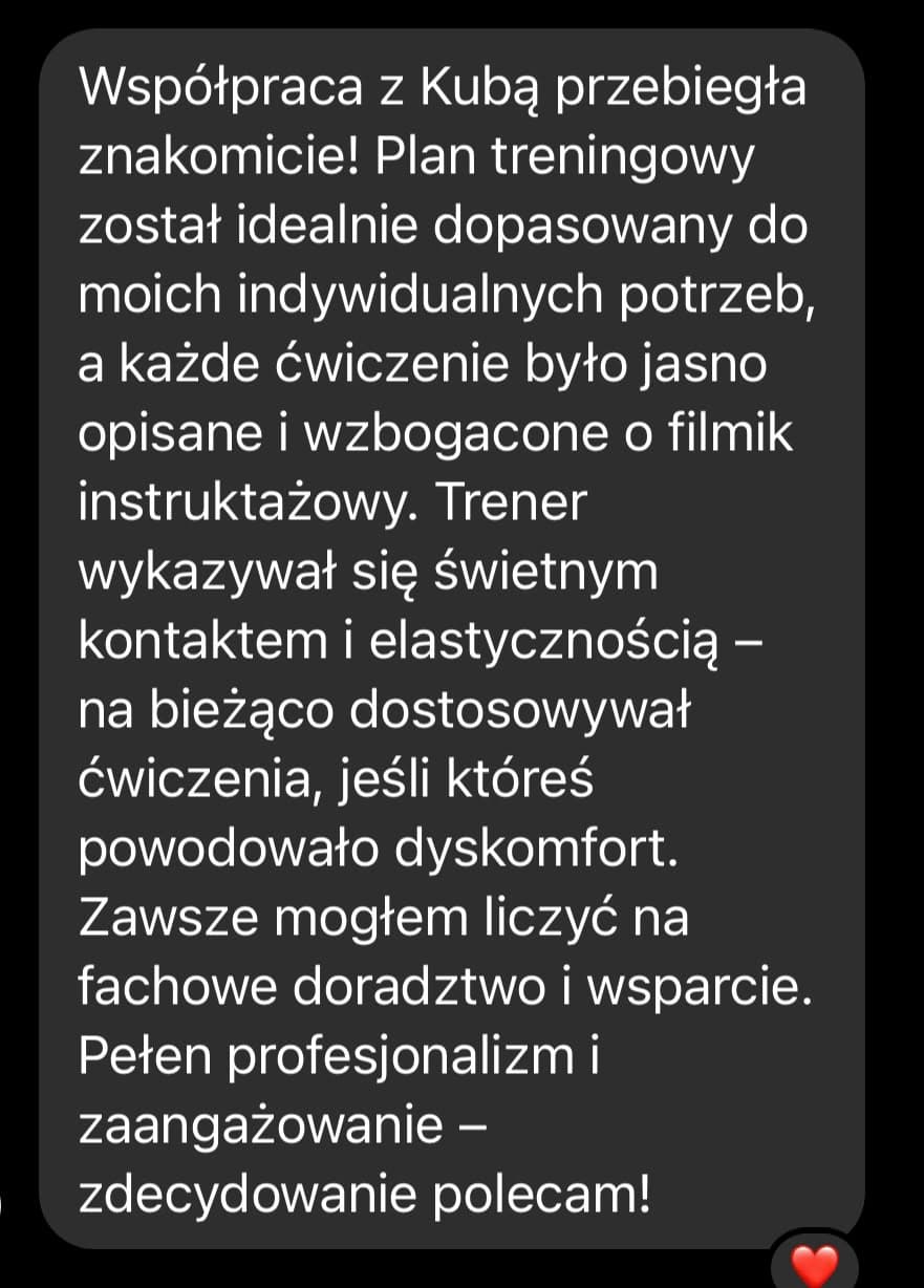 Zrzut ekranu wiadomości od podopiecznego z opinią o współpracy
