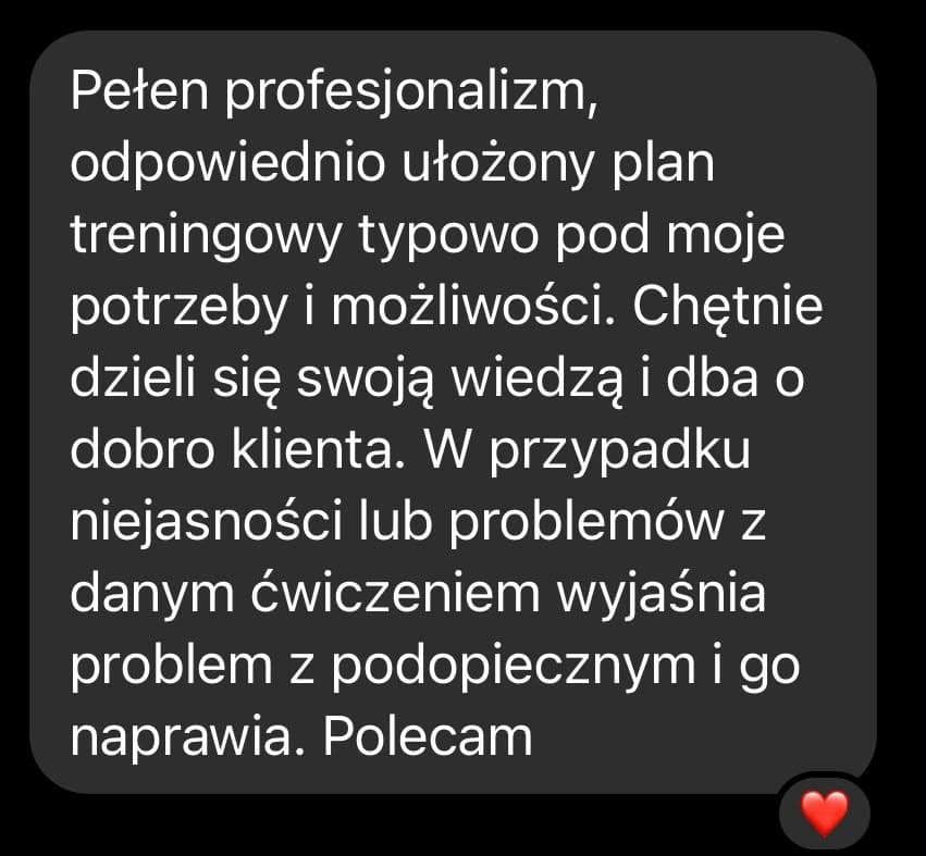 Zrzut ekranu wiadomości od podopiecznego z opinią o współpracy