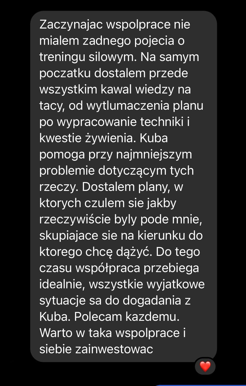 Zrzut ekranu wiadomości od podopiecznego z opinią o współpracy