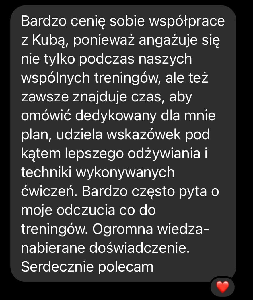 Zrzut ekranu wiadomości od podopiecznego z opinią o współpracy