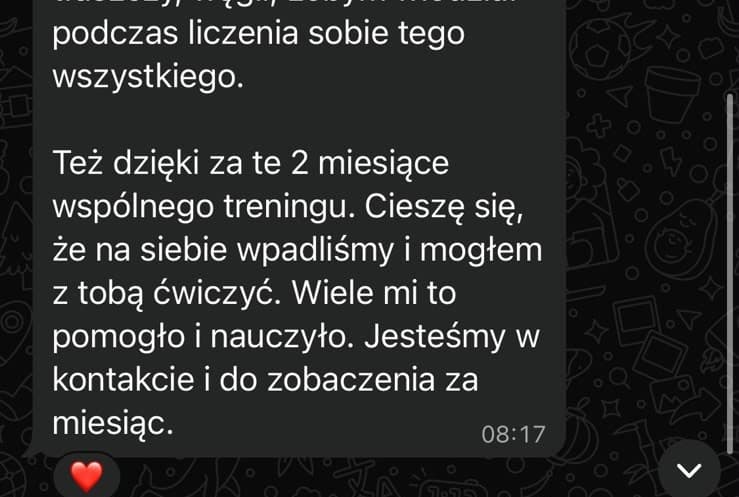 Zrzut ekranu wiadomości od podopiecznego z opinią o współpracy