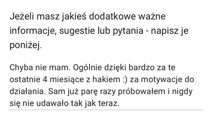 Zrzut ekranu wiadomości od podopiecznego z opinią o współpracy