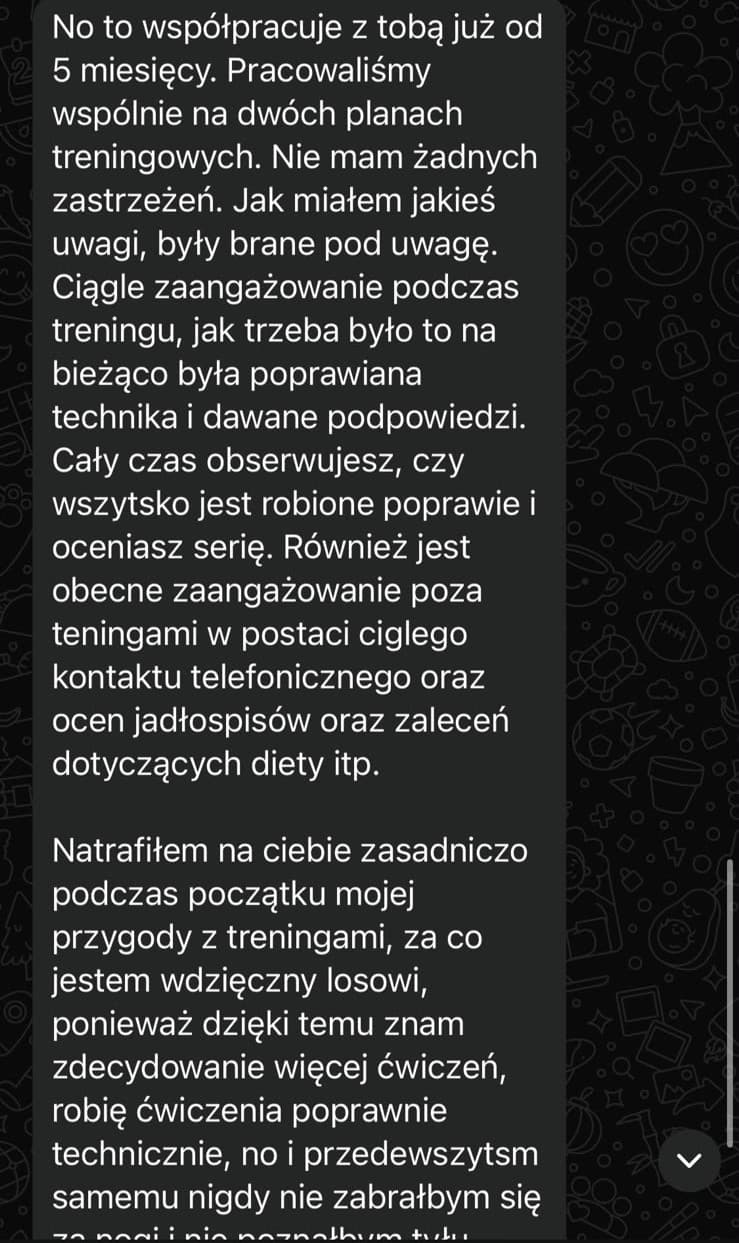 Zrzut ekranu wiadomości od podopiecznego z opinią o współpracy