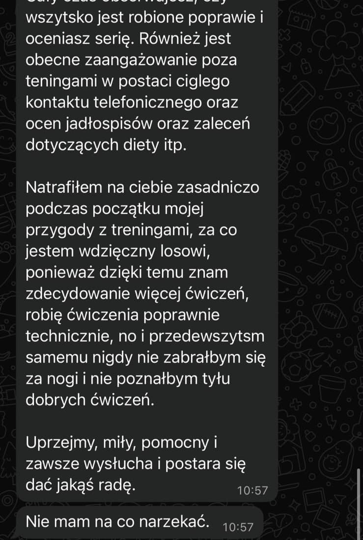 Zrzut ekranu wiadomości od podopiecznego z opinią o współpracy