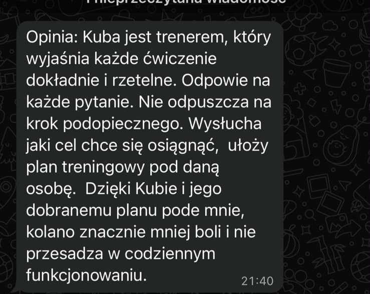 Zrzut ekranu wiadomości od podopiecznego z opinią o współpracy