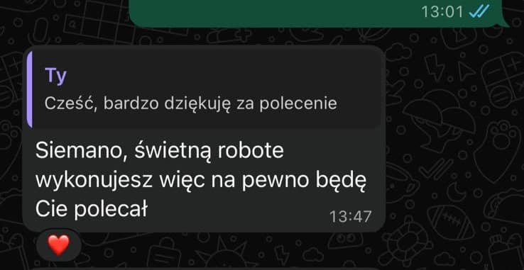 Zrzut ekranu wiadomości od podopiecznego z opinią o współpracy