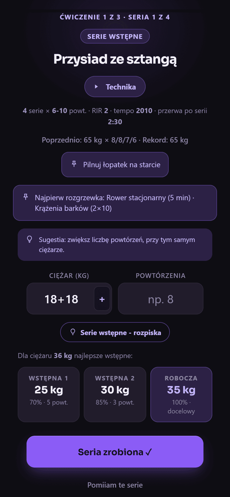 Ekran ćwiczenia w aplikacji, w trybie podglądu na przykładowym kliencie: przysiad ze sztangą, ciężary z poprzedniego treningu, wskazówka trenera, rozpisana rozgrzewka, pola na zapis serii i przeliczona rozpiska serii wstępnych.